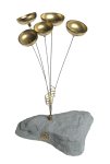 "Musical sculptures for the garden, these Garden Bells are designed to catch the wind and provide both sound and visual interest to the environment. As rainwater fills the bells, their tones will change. These brass bells are set in a weather-resistant ""GardenStone"" base with a special coin inset to show you are getting the original Woodstock Garden Bells." 